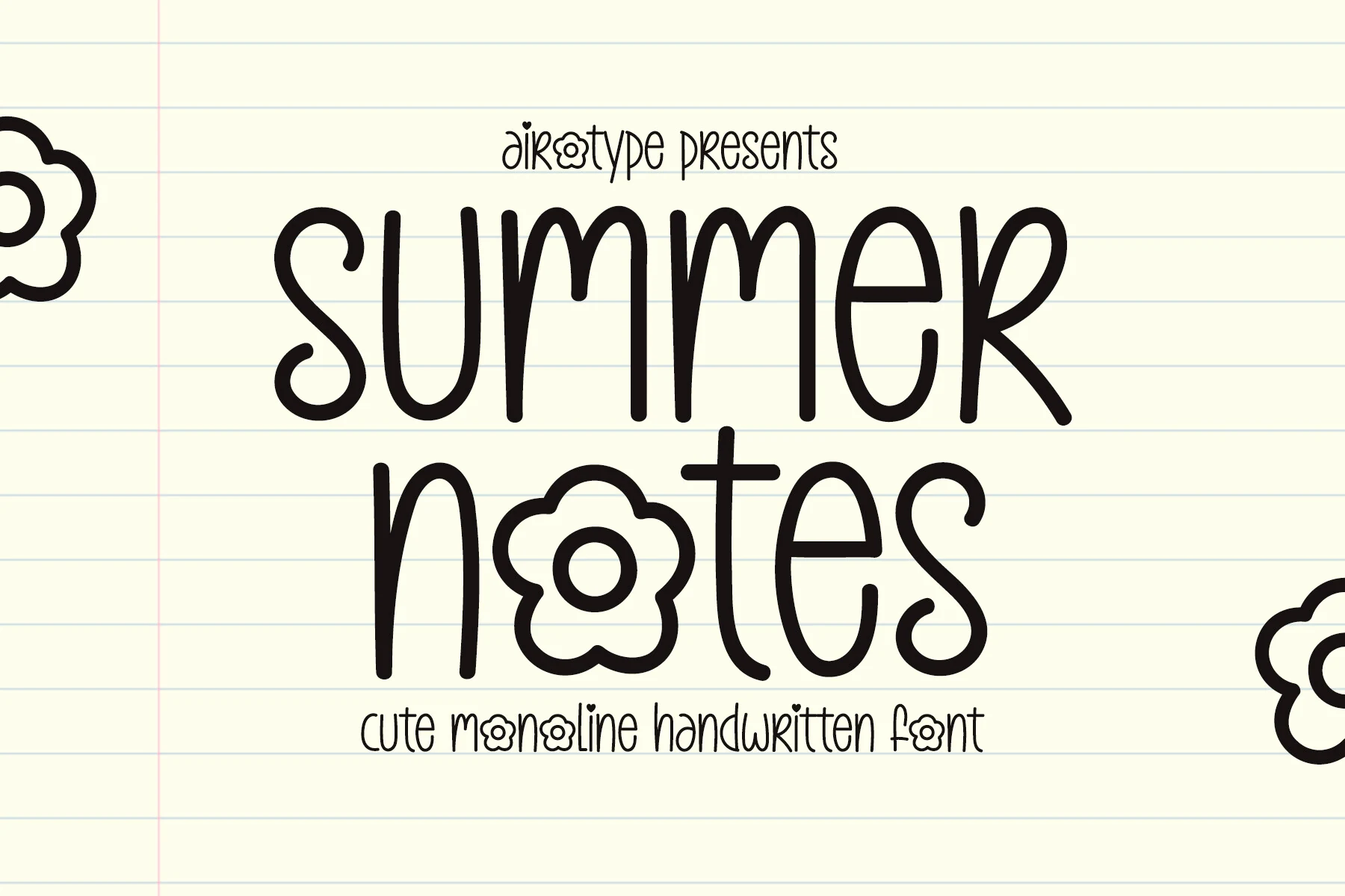 Summer Notes Font preview with thin black monoline handwriting and flower-shaped letters