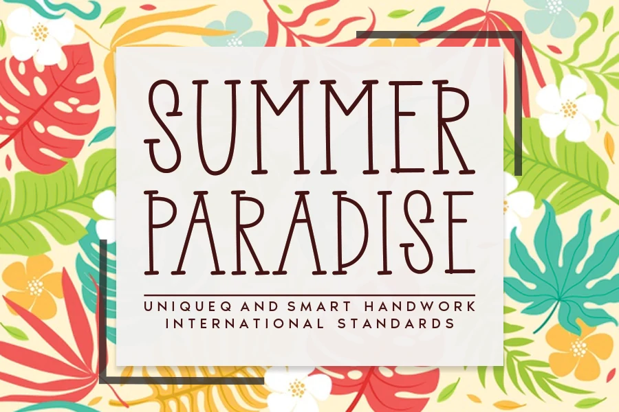 Summer Paradise Font preview with tall narrow serif lettering on a tropical floral background