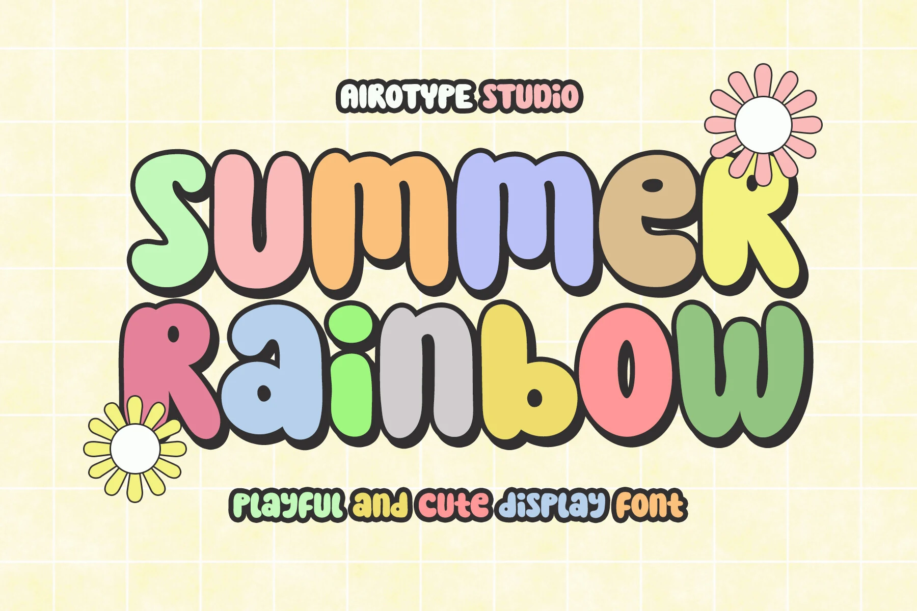 Summer Rainbow Font preview with pastel bubble letters, thick black outline, and rounded playful shapes