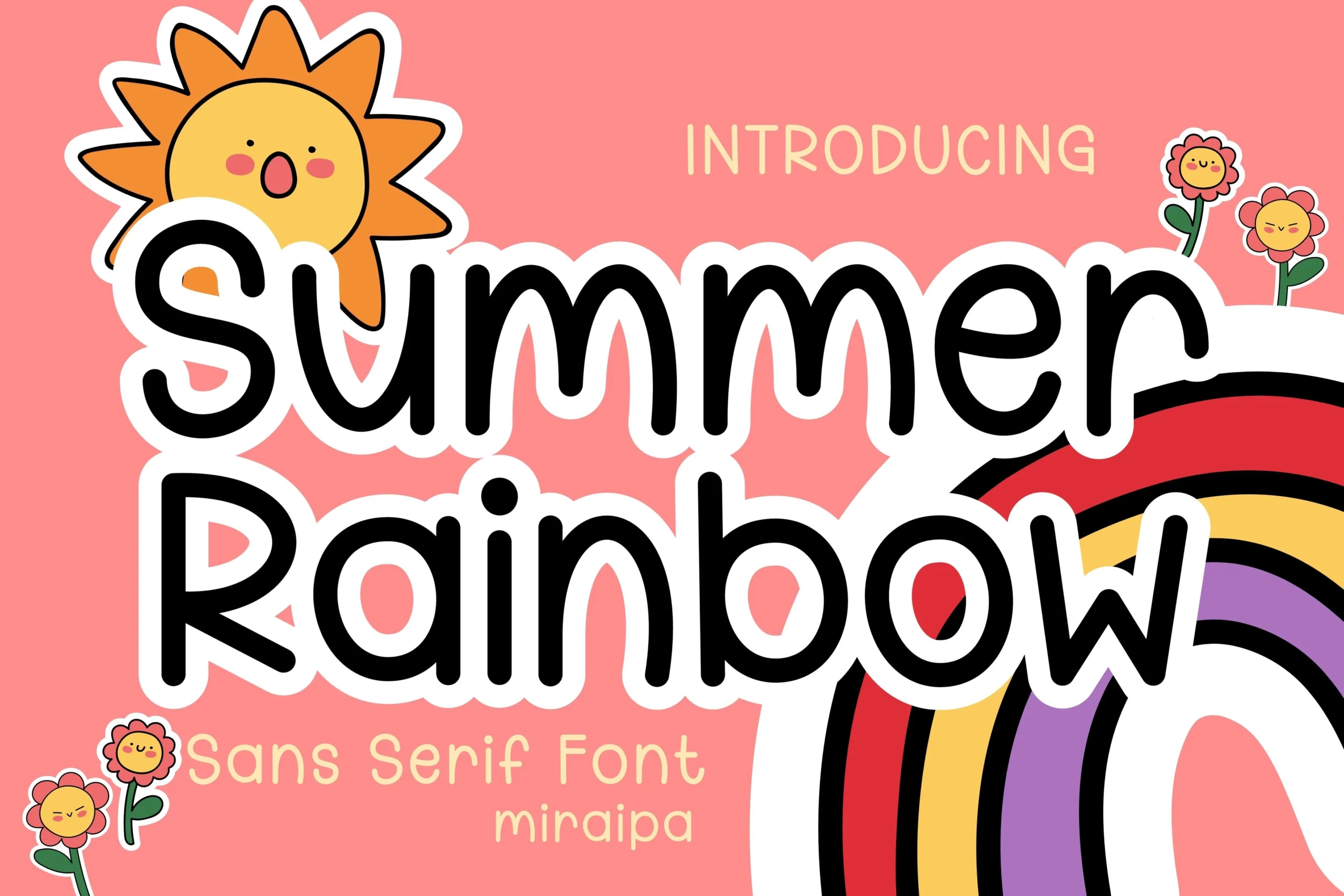 Summer Rainbow Font preview with rounded black handwritten sans lettering, white outline, and rainbow accents