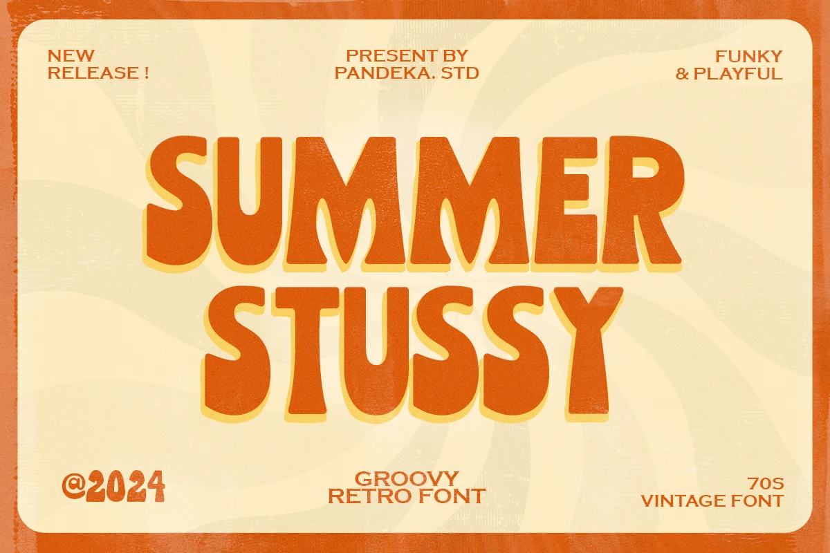 Summer Stussy Font preview with bold orange all-caps retro letters and flared 70s shapes