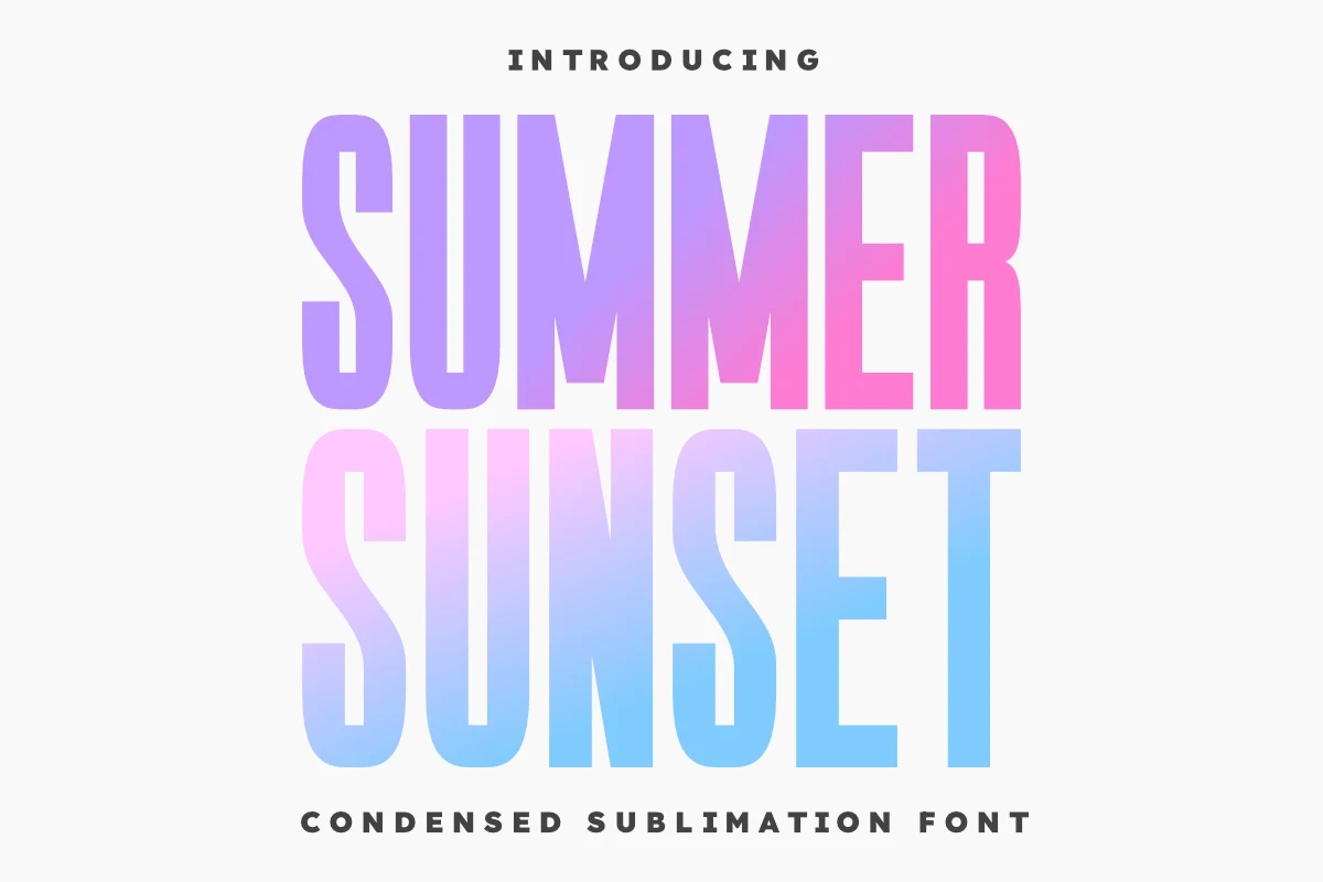 Summer Sunset Font preview with tall condensed sans serif lettering and pastel gradient fill