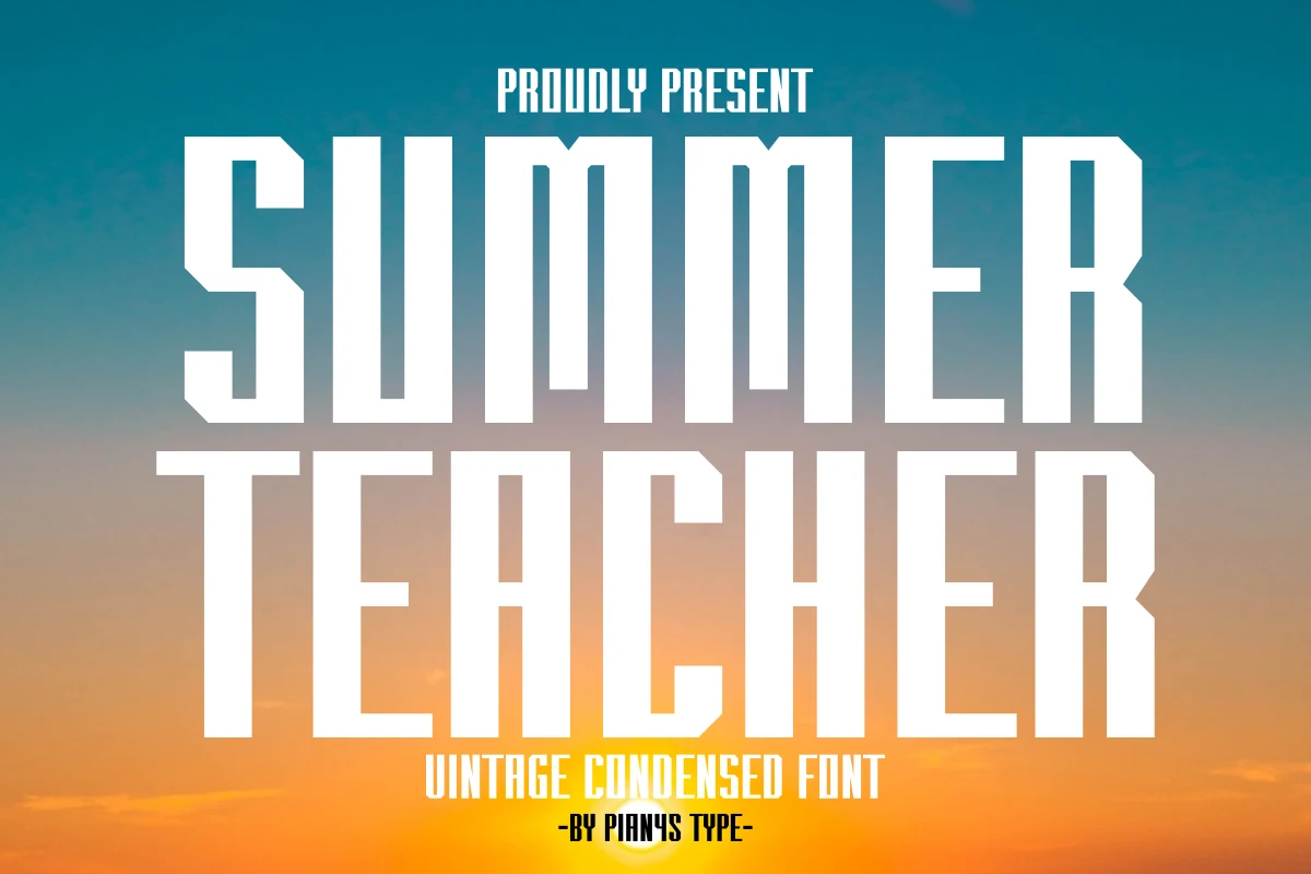Summer Teacher Font preview with tall white condensed block letters and angular cut corners