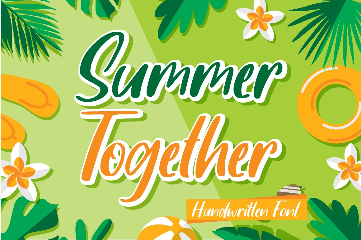 Summer Together Font preview with bold green and orange handwritten script lettering