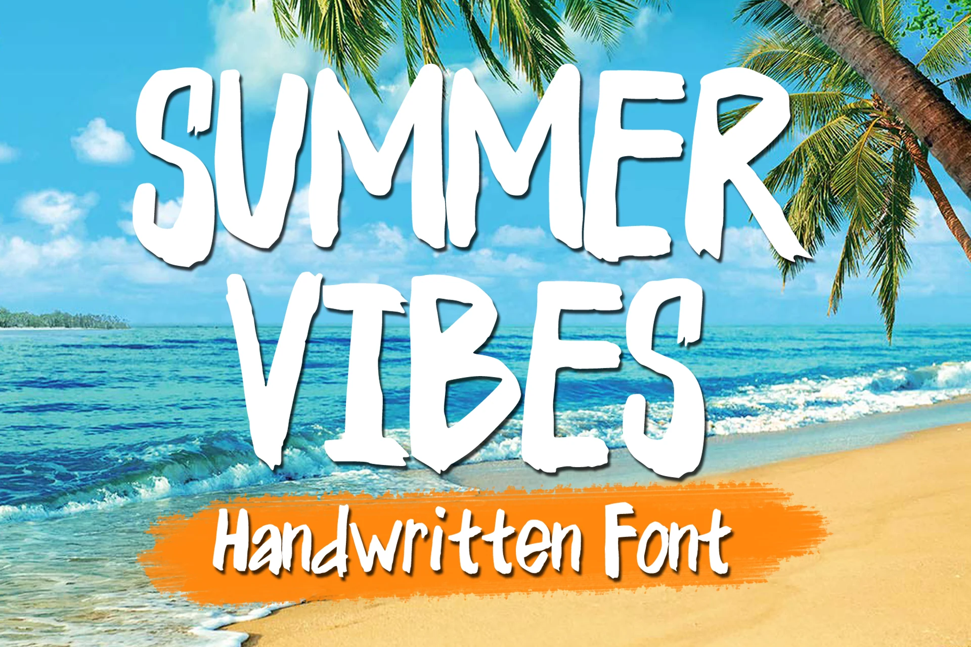 Summer Vibes Font preview with tall white brush lettering over a tropical beach scene