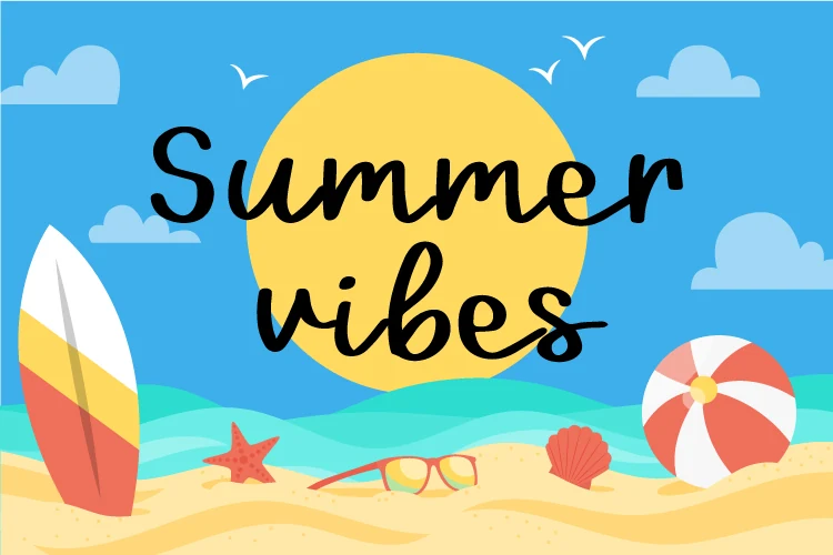 Summer Vibes Font preview with black relaxed handwritten script over a bright beach illustration