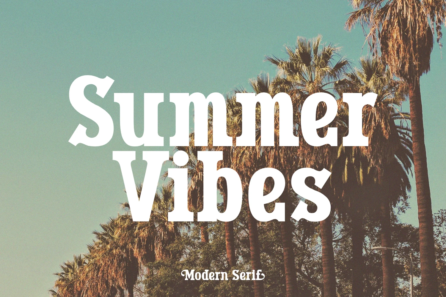 Summer Vibes Font preview with bold white serif lettering over a vintage palm tree scene