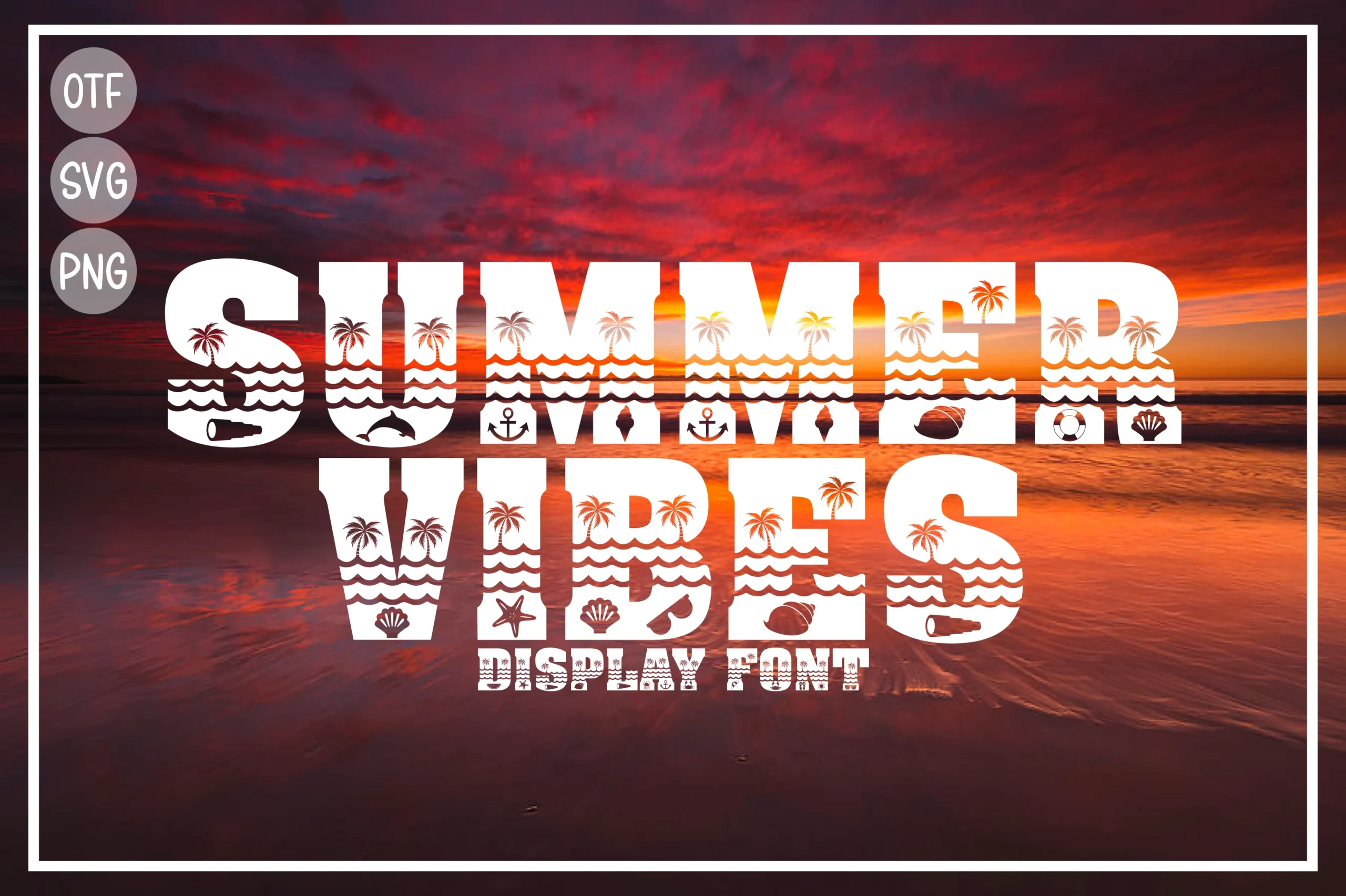 Summer Vibes Font preview with bold white beach display lettering and wave cutout details