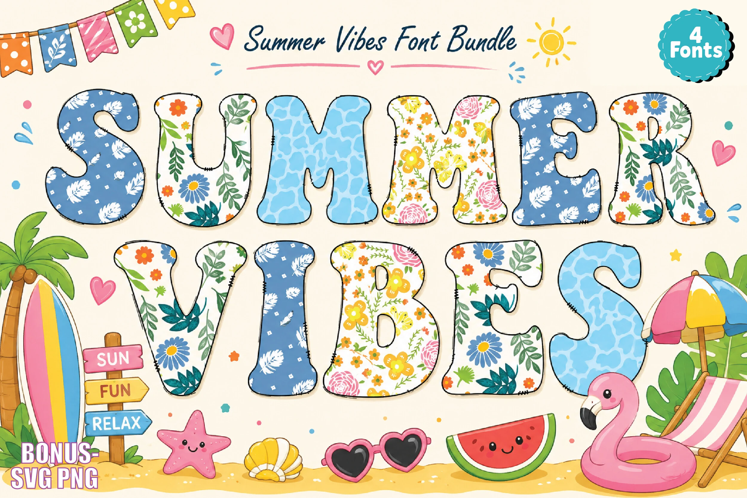 Summer Vibes Font preview with rounded floral and blue patterned letters in a playful summer style