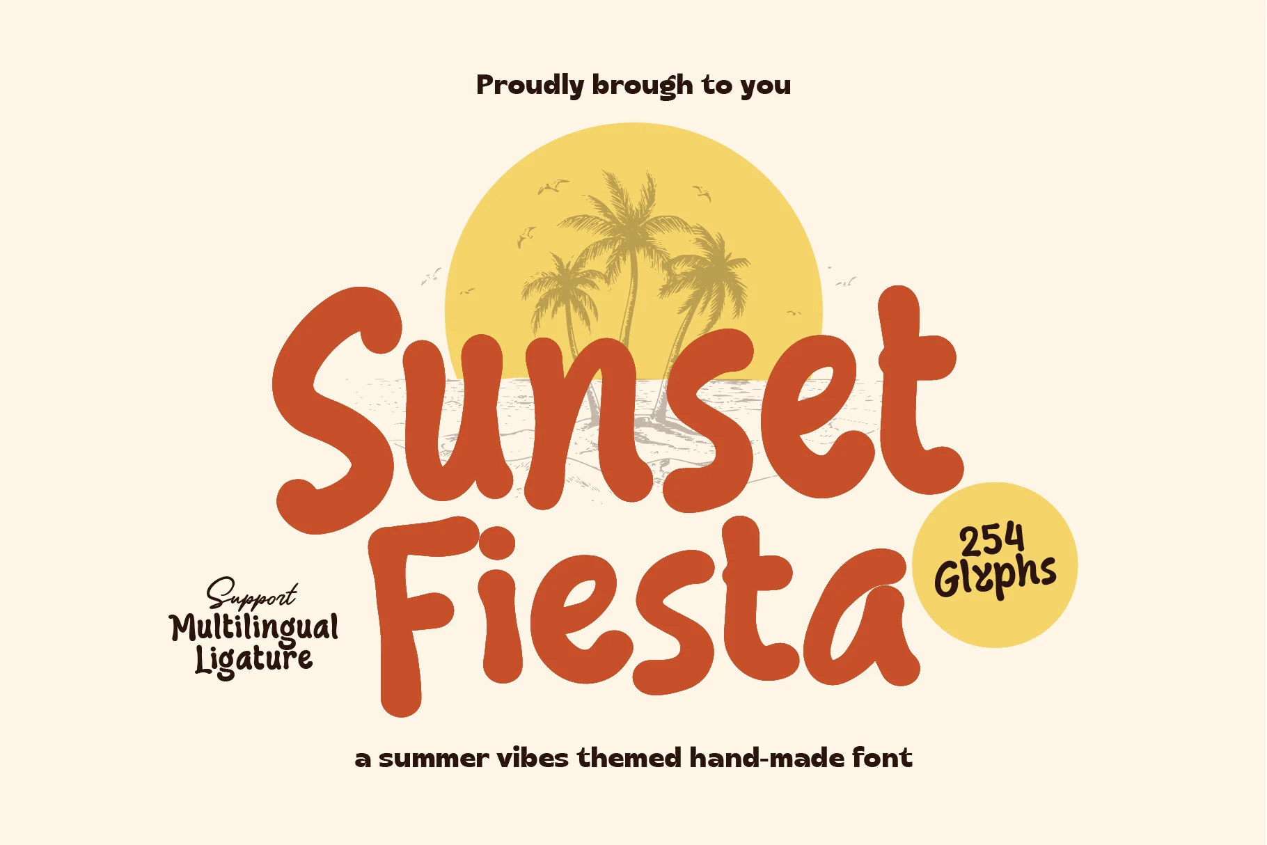 Sunset Fiesta Font preview with chunky orange handmade lettering and rounded retro shapes