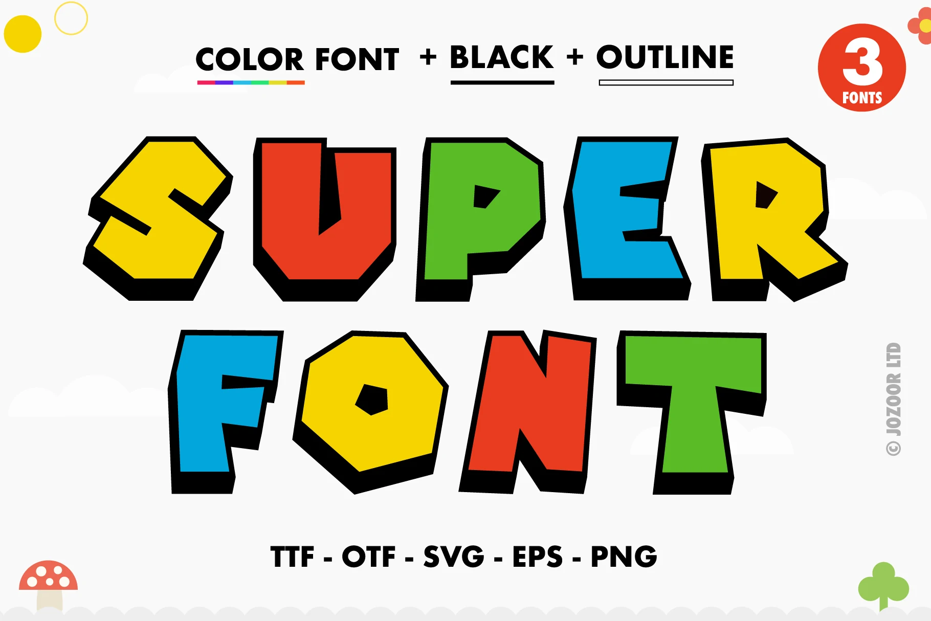 Super Font preview with chunky colorful block letters and black shadowed outlines