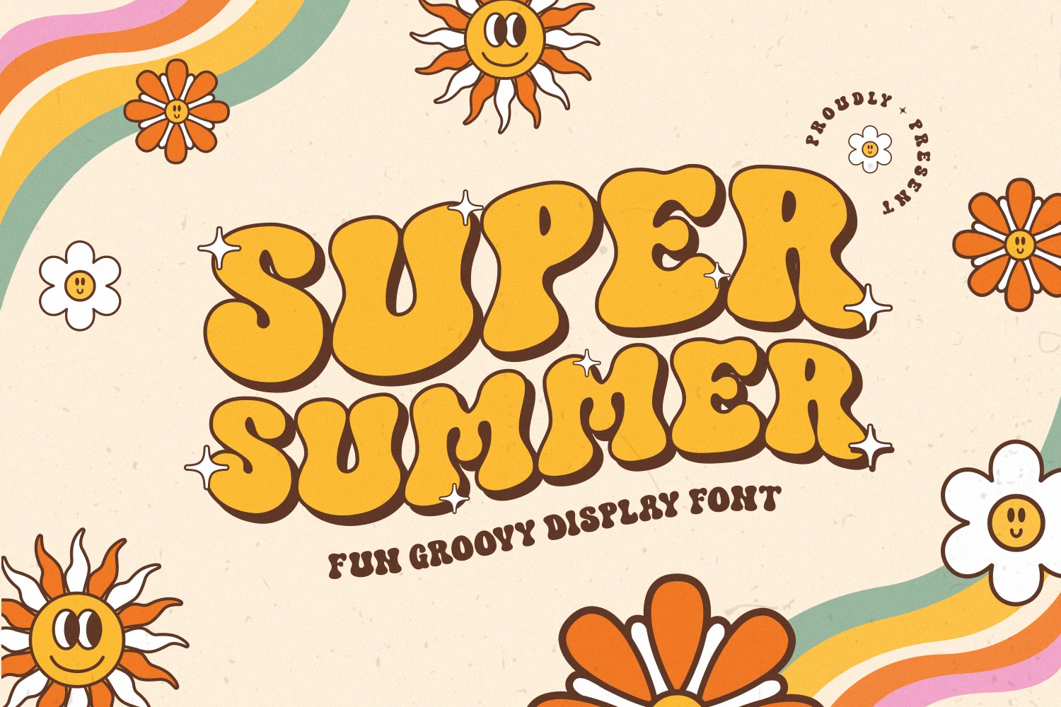 Super Summer Font preview with chunky yellow groovy letters, brown shadowing, and retro flower doodles