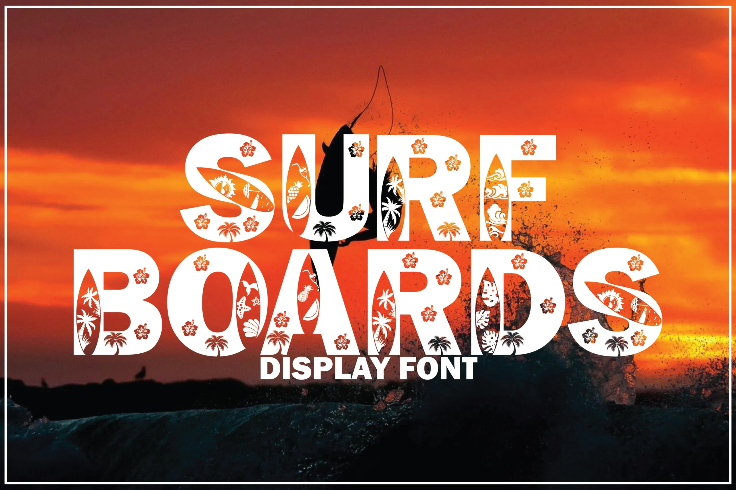 Surf Boards Font preview with bold white decorative letters filled with surf and tropical motifs