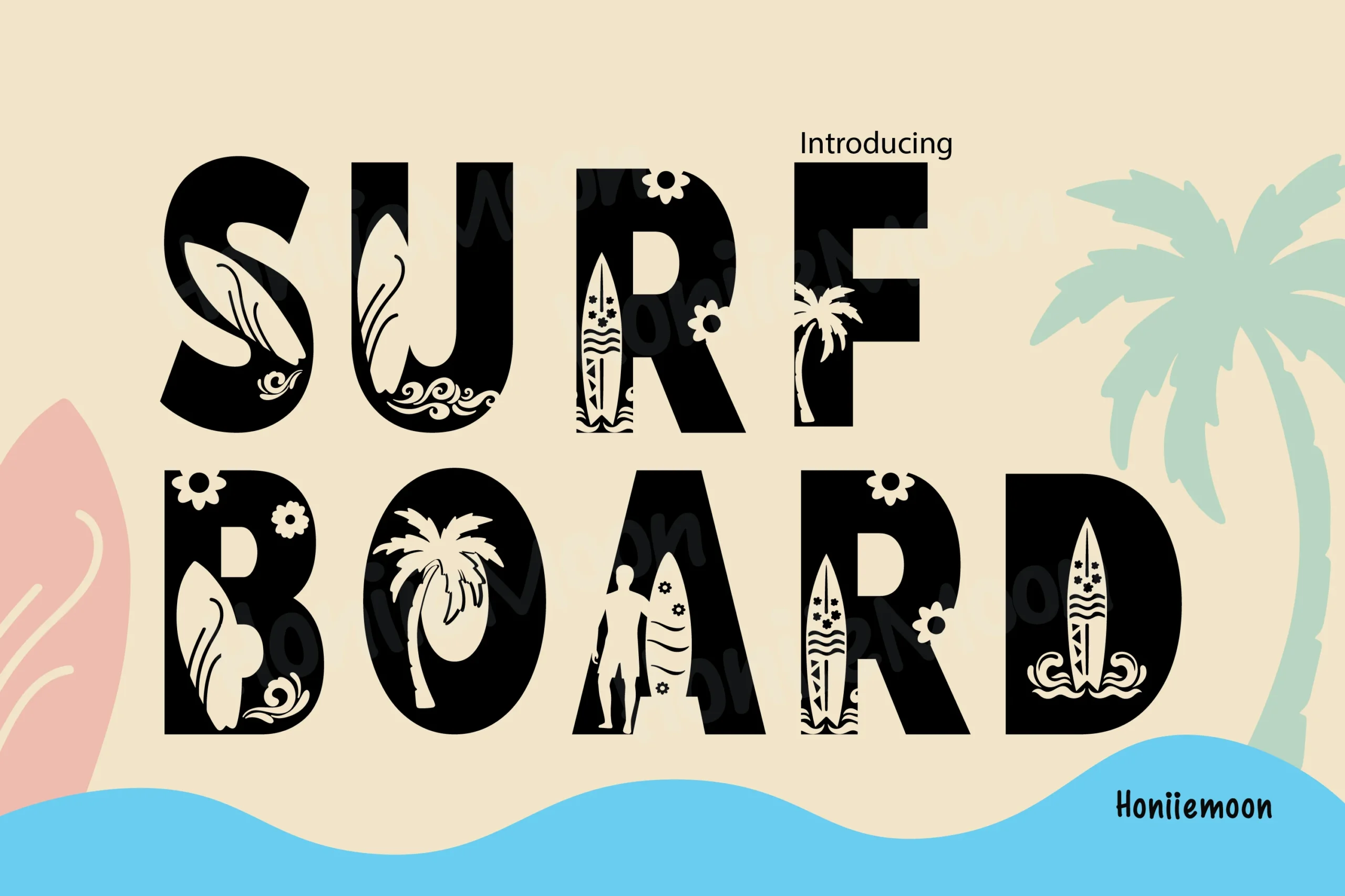 Surf Boards Font preview with bold white decorative letters and tropical cutouts