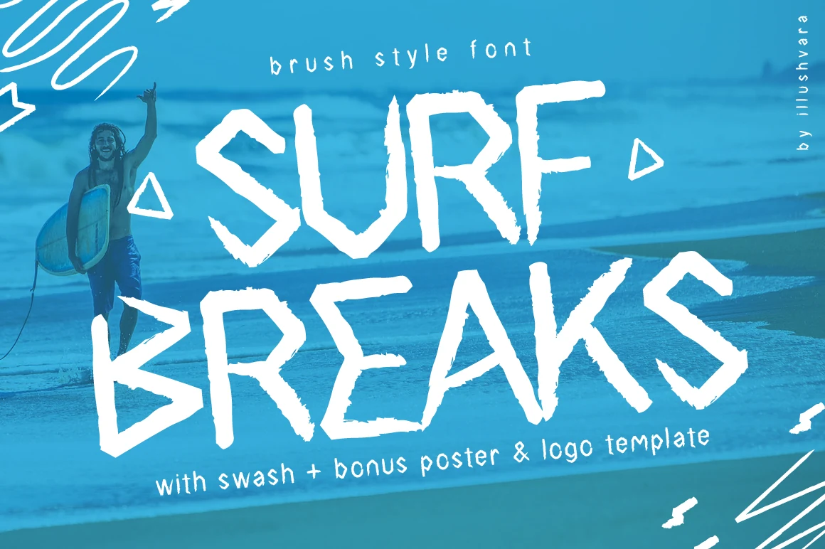 Surf Breaks Font preview with rough white brush lettering over a blue beach scene