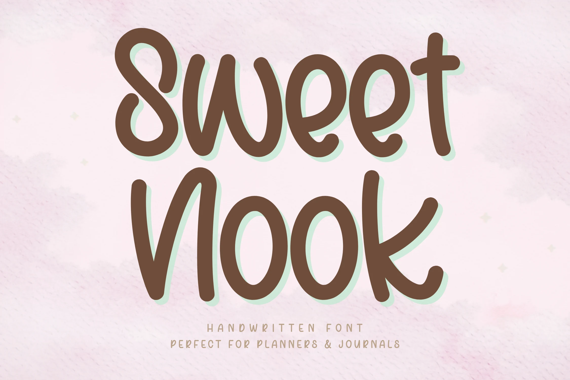 Sweet Nook Font preview with rounded brown handwritten letters and soft mint shadow