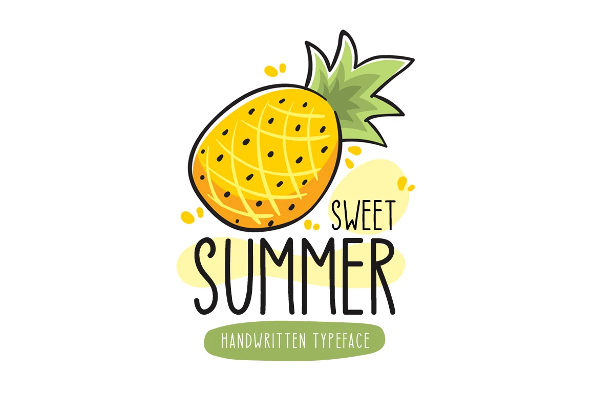 Sweet Summer Font preview with tall black handwritten lettering and a pineapple illustration