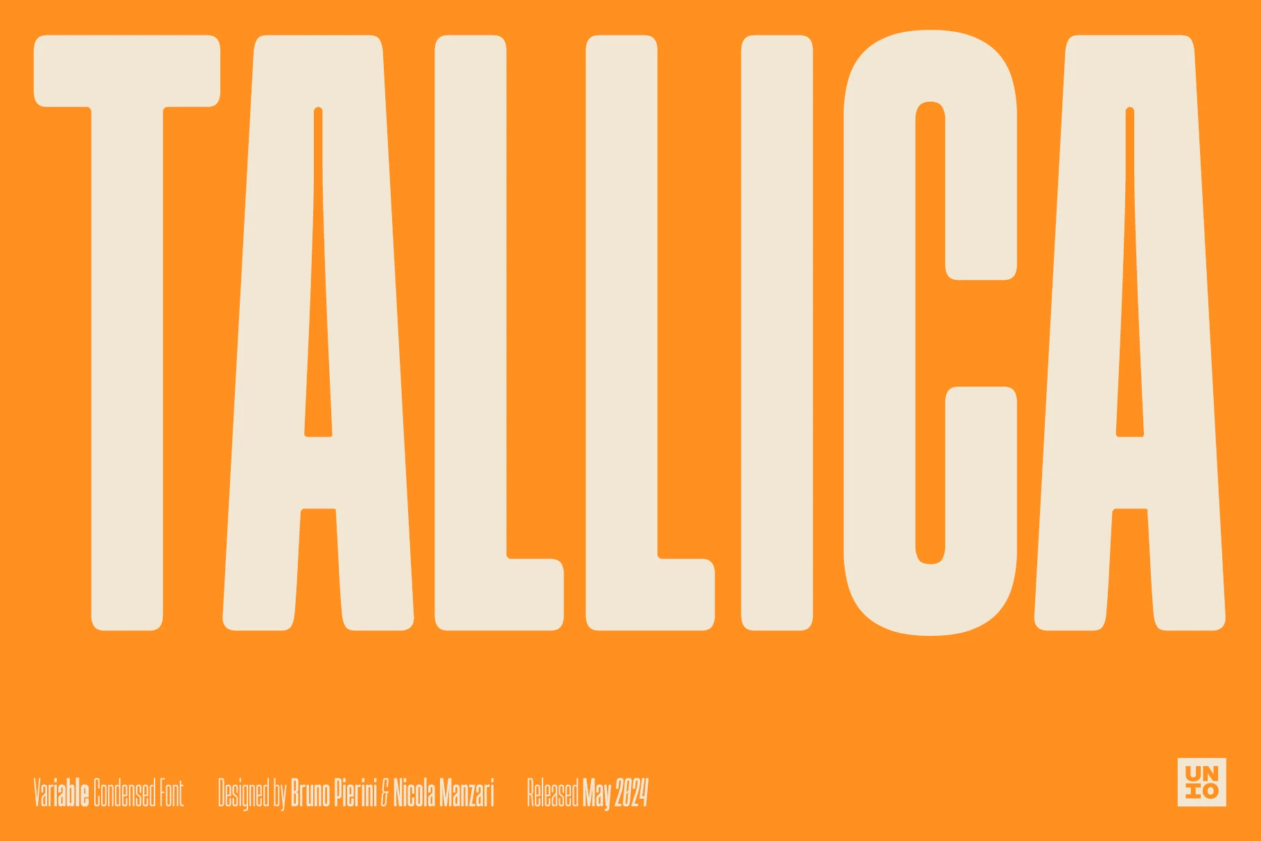 Tallica Font preview with ultra condensed cream grotesque lettering on orange