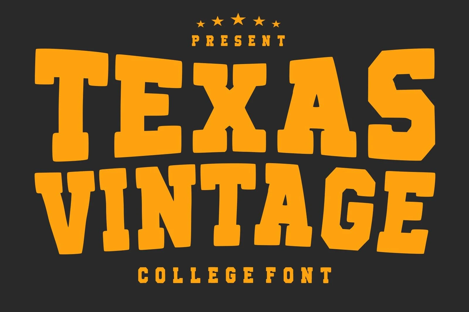 Texas Vintage Font preview with bold orange varsity block lettering
