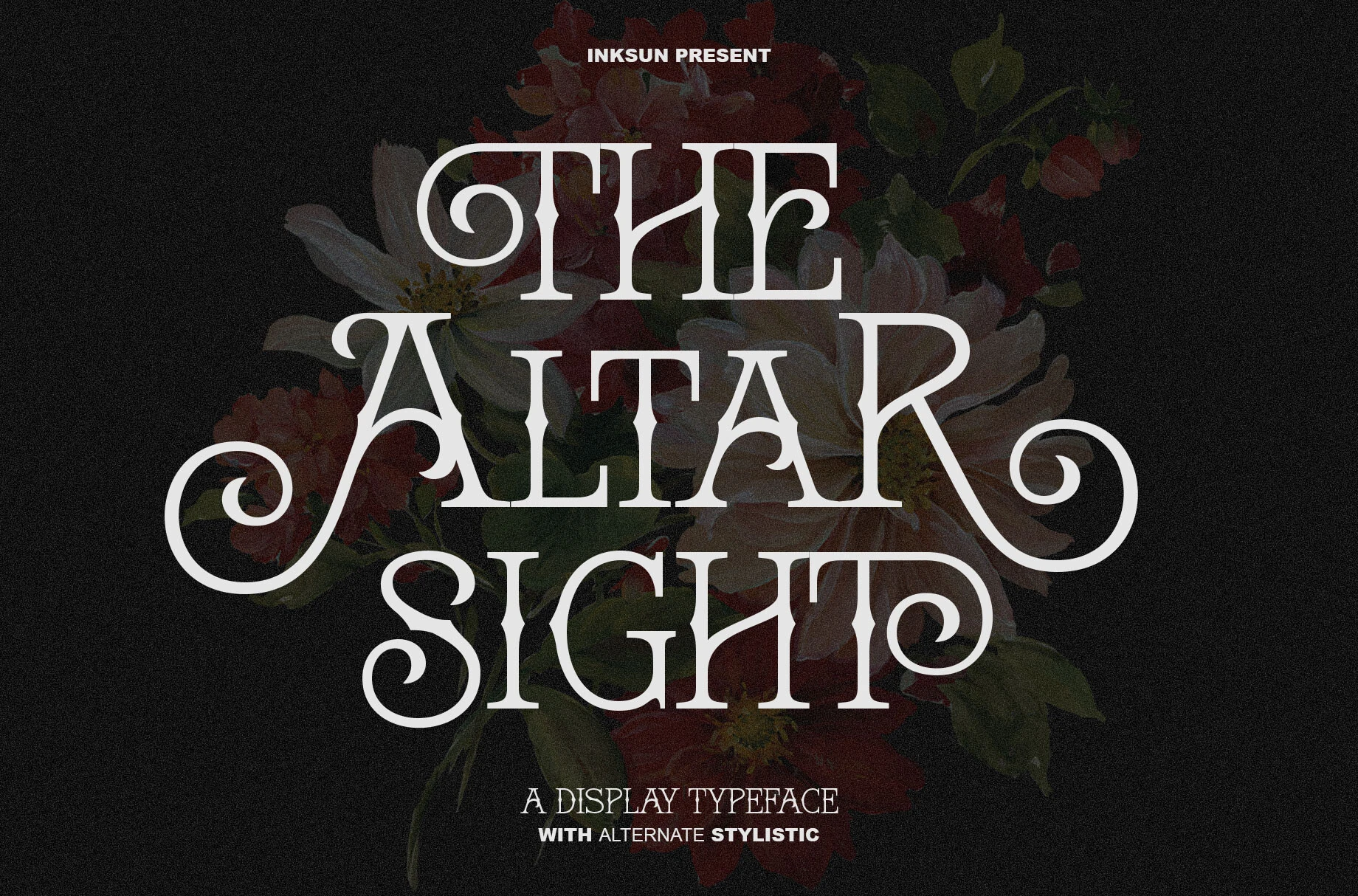 The Altar Sight Font preview with ornate white serif lettering and curling swashes