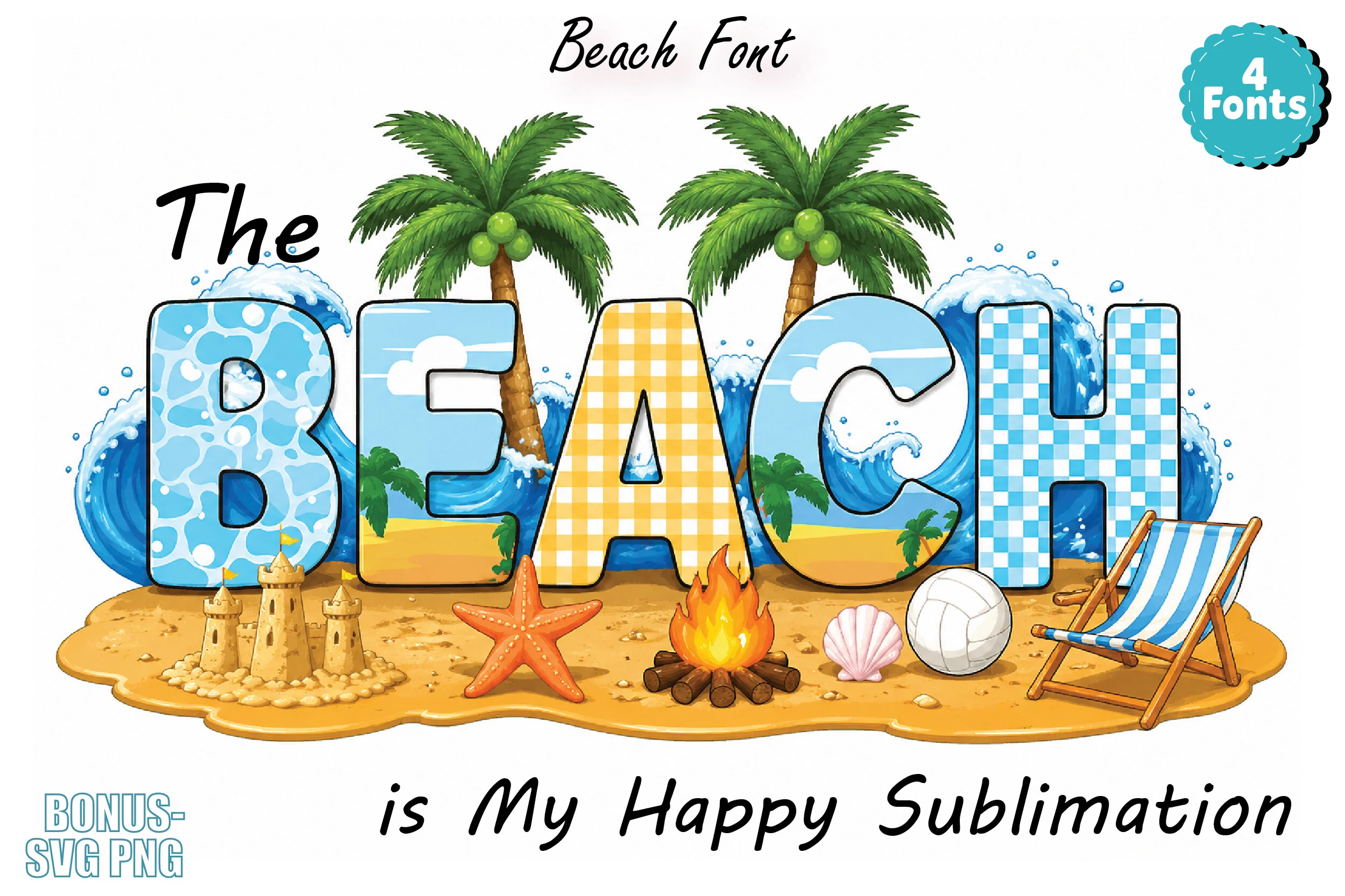 The Beach Font preview with colorful beach-themed block letters and black handwritten script