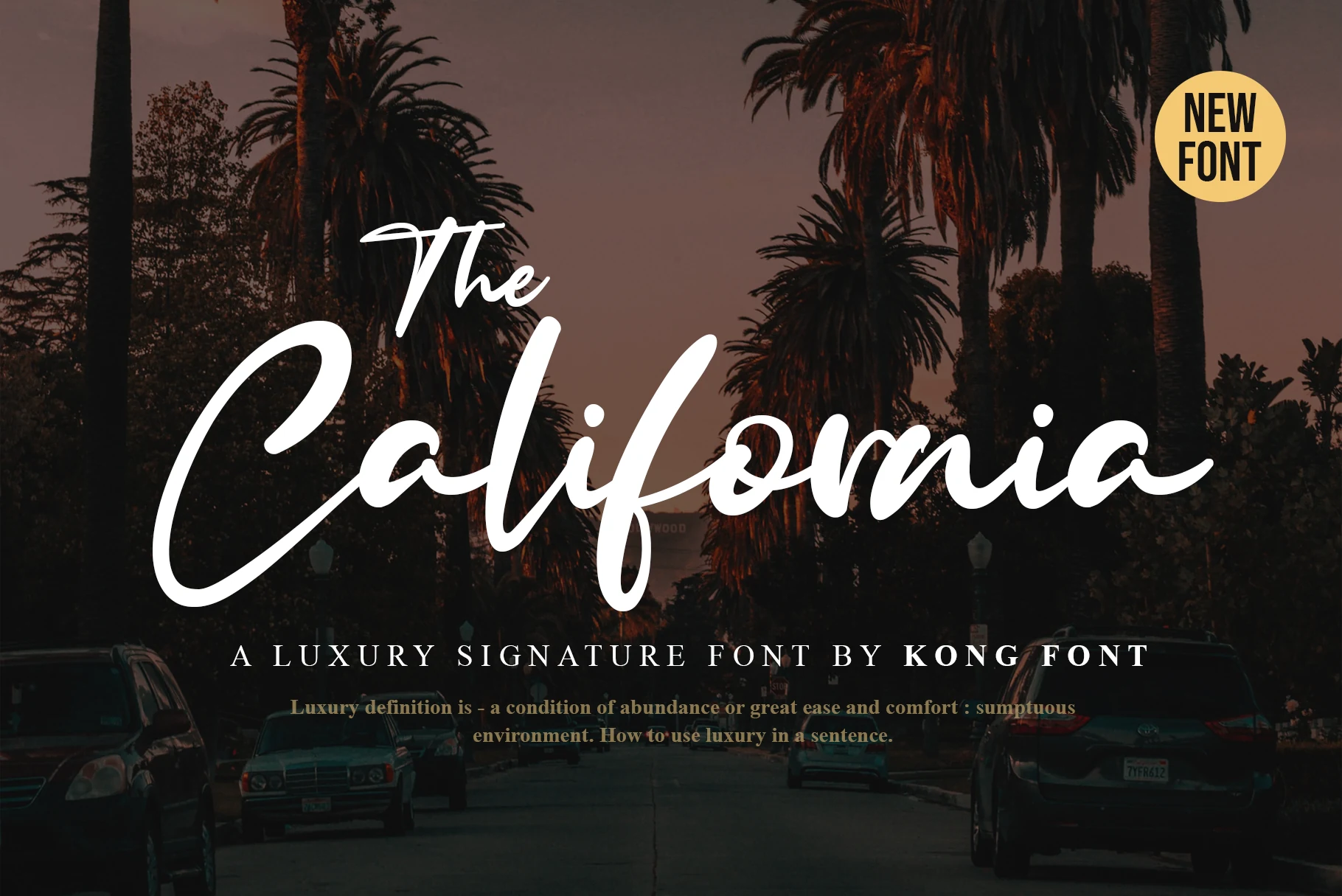 The California Font preview with white flowing signature script, sweeping capital C, and thin-to-thick strokes