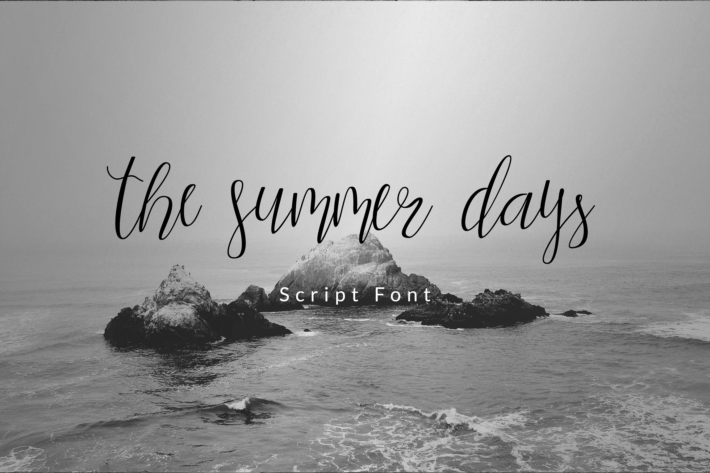 The Summer Days Script Font preview with thin black handwritten script over a grayscale ocean photo