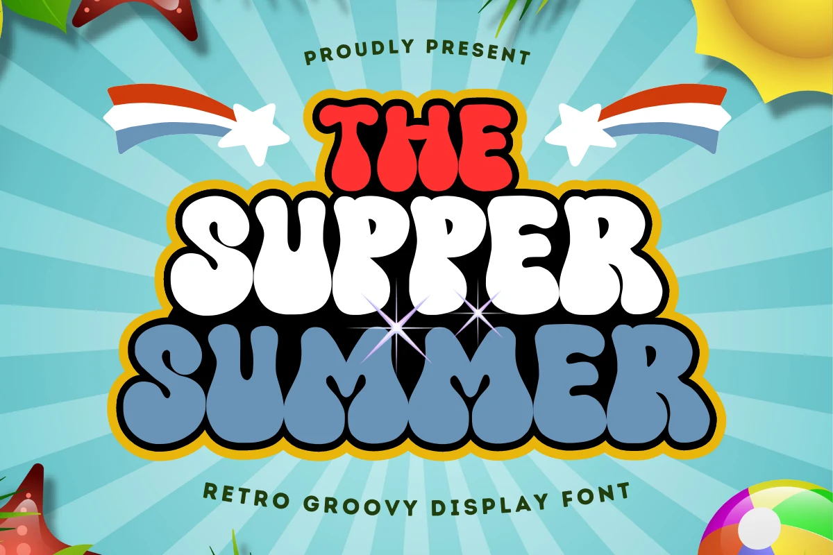 The Supper Summer Font preview with chunky rounded retro letters, bold outlines, and playful display shapes