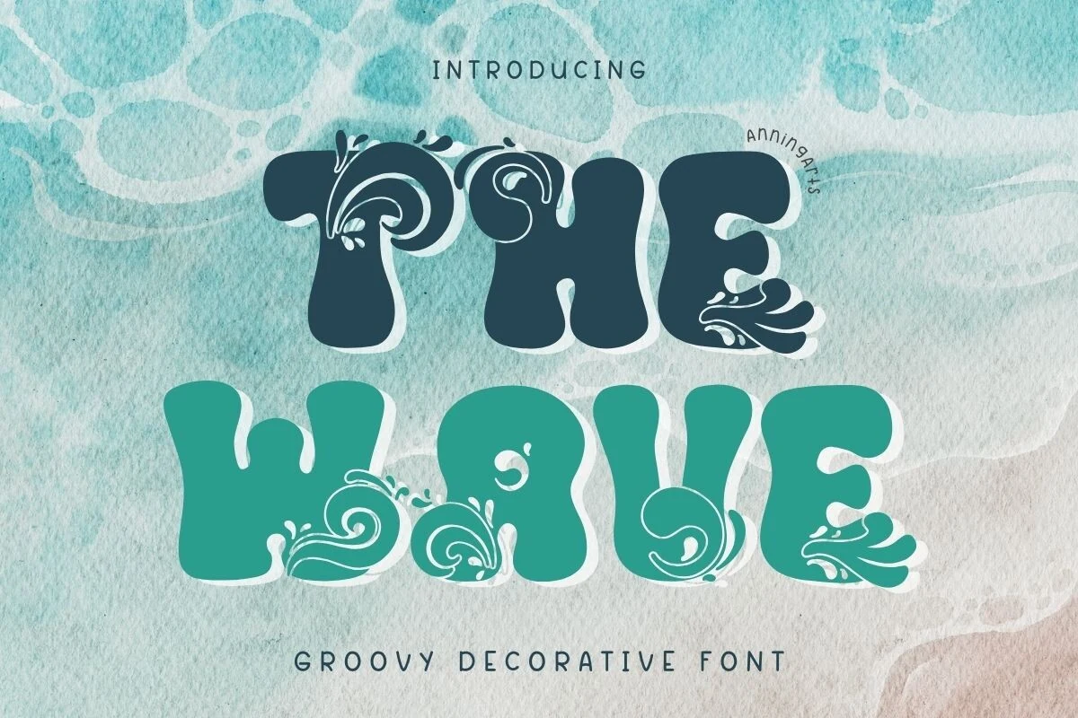 The Wave Font preview with teal groovy decorative letters and wave swirls