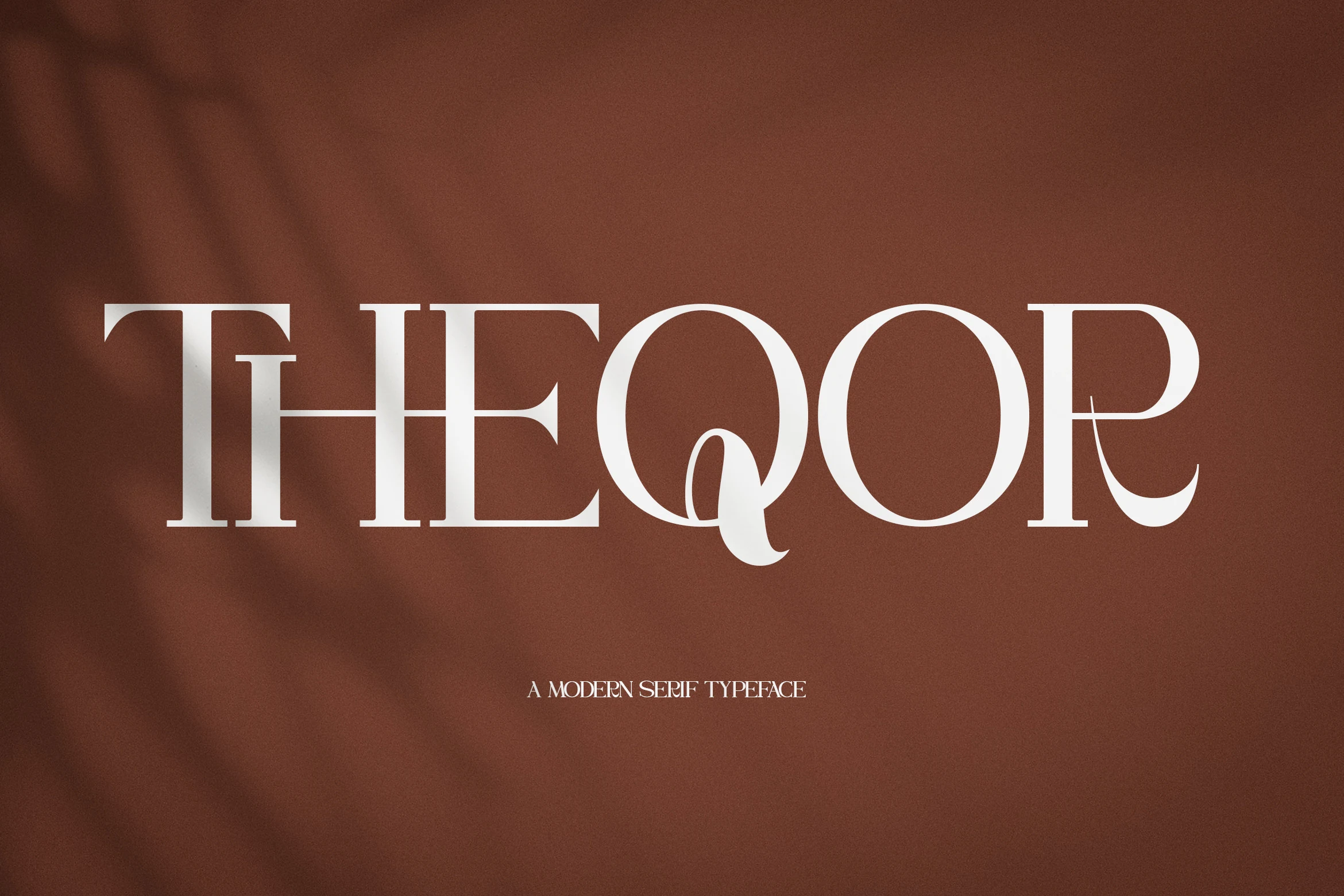 Theqor Font preview with white modern serif lettering, tall contrast, and curved Q detail