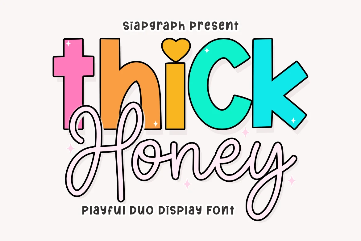 Thick Honey Duo Font preview with colorful bold block letters and looping script