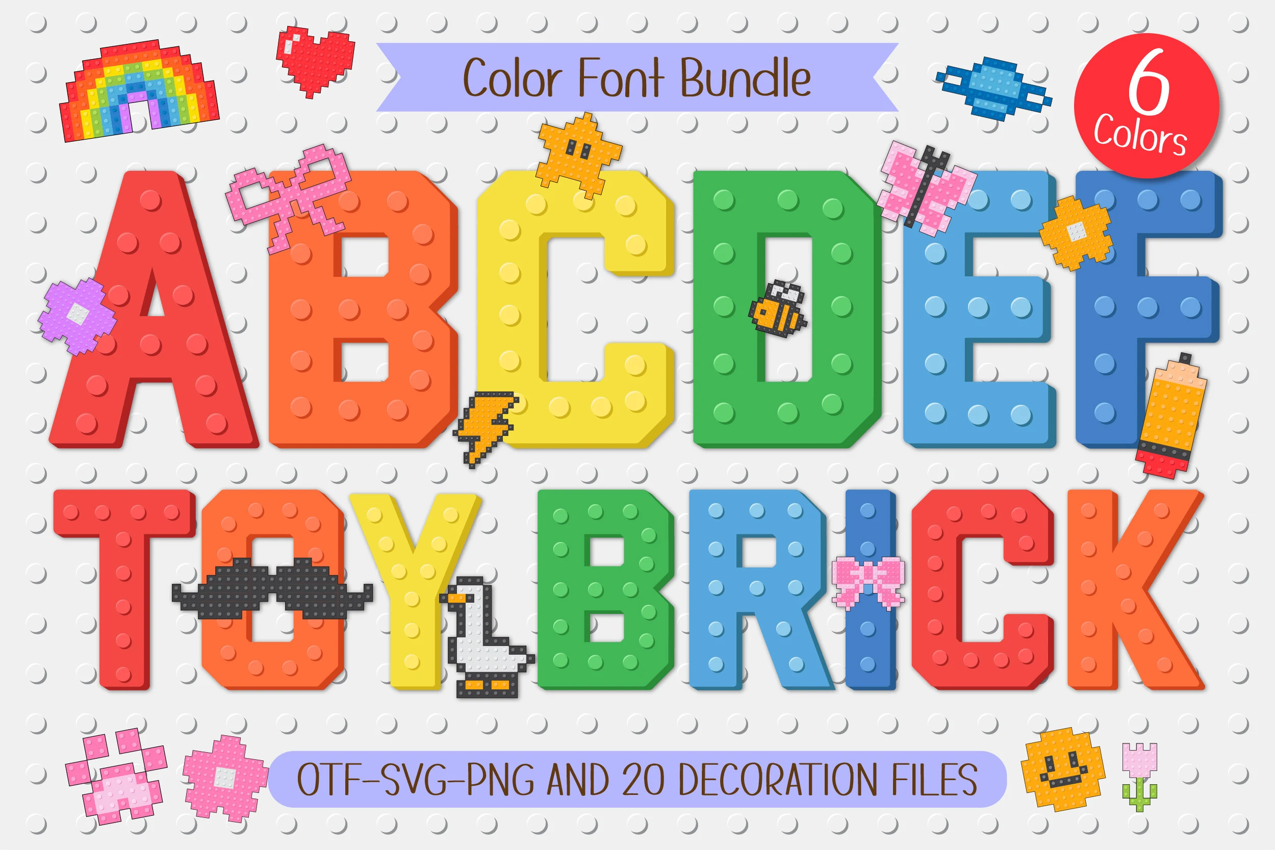 Toy Brick Font preview with chunky colorful toy-brick letters and raised stud texture