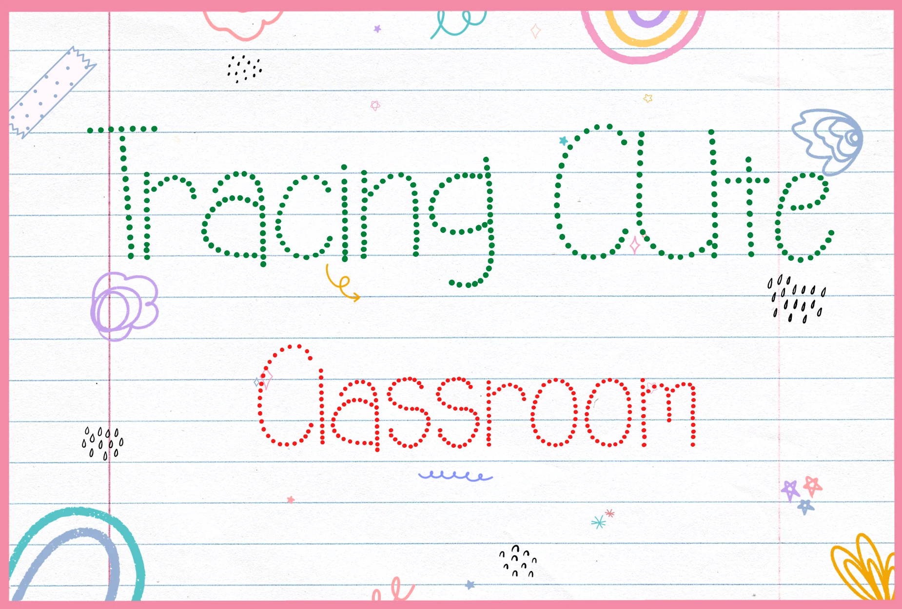 Tracing Cute Font preview with dotted green and red tracing letters on ruled lines