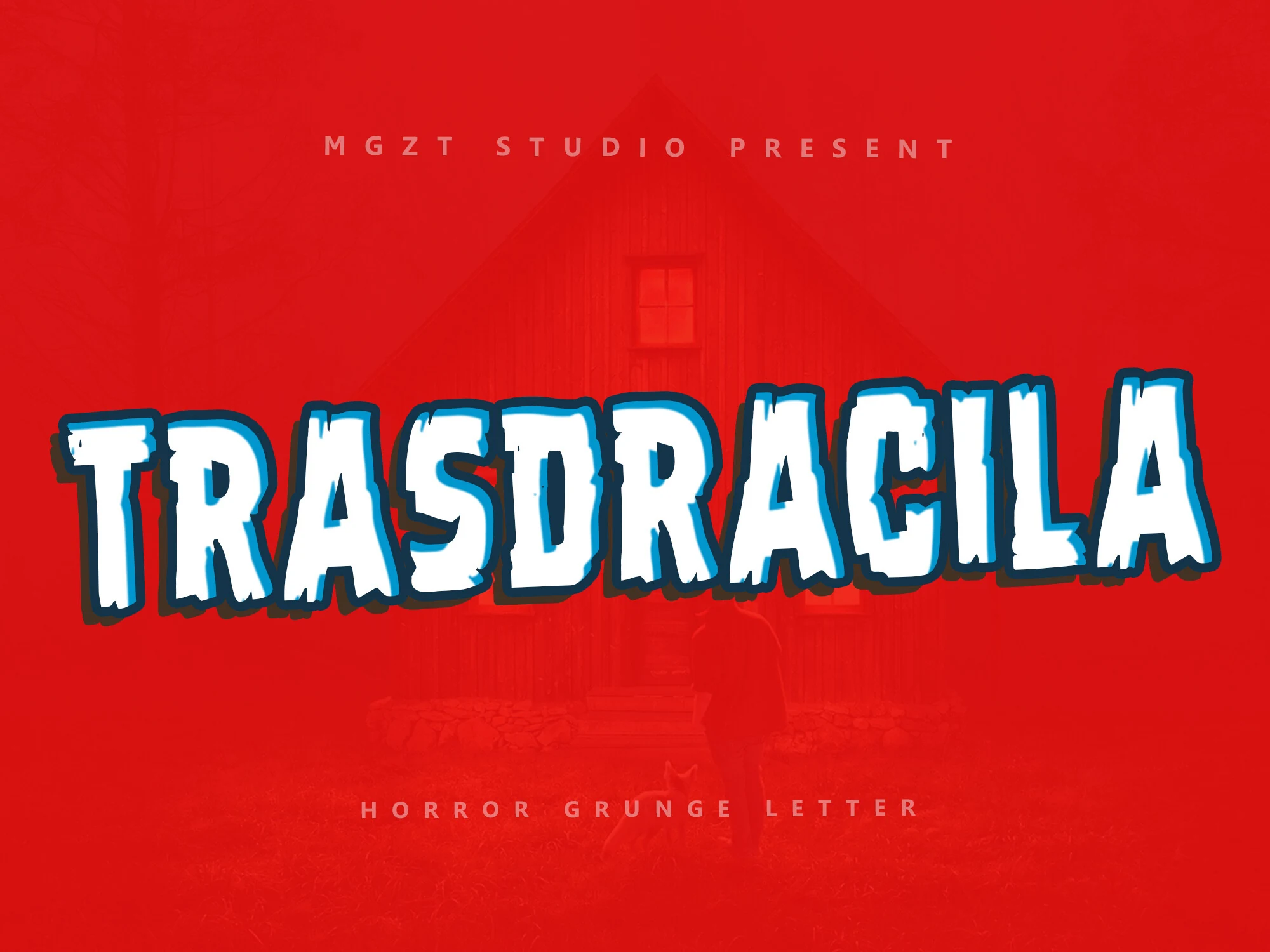 Trasdracila Font preview with bold white horror lettering, jagged edges, and blue outline