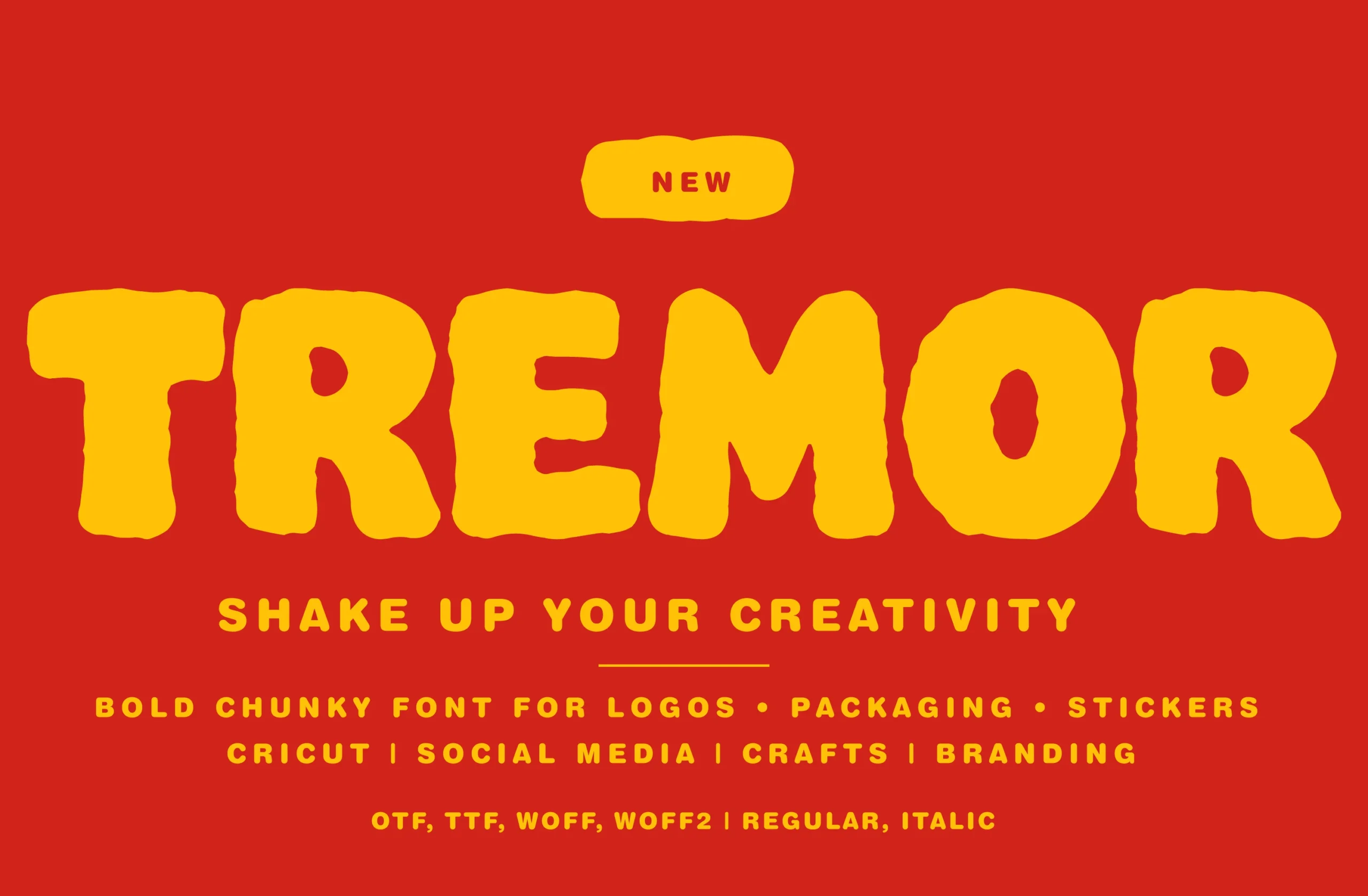 Tremor Font preview with chunky yellow rounded lettering on red