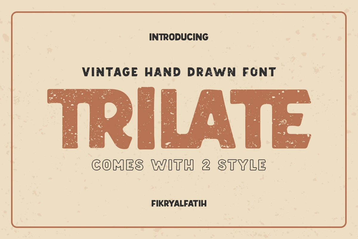 Trilate Font preview with distressed vintage block lettering and a hand-drawn display style
