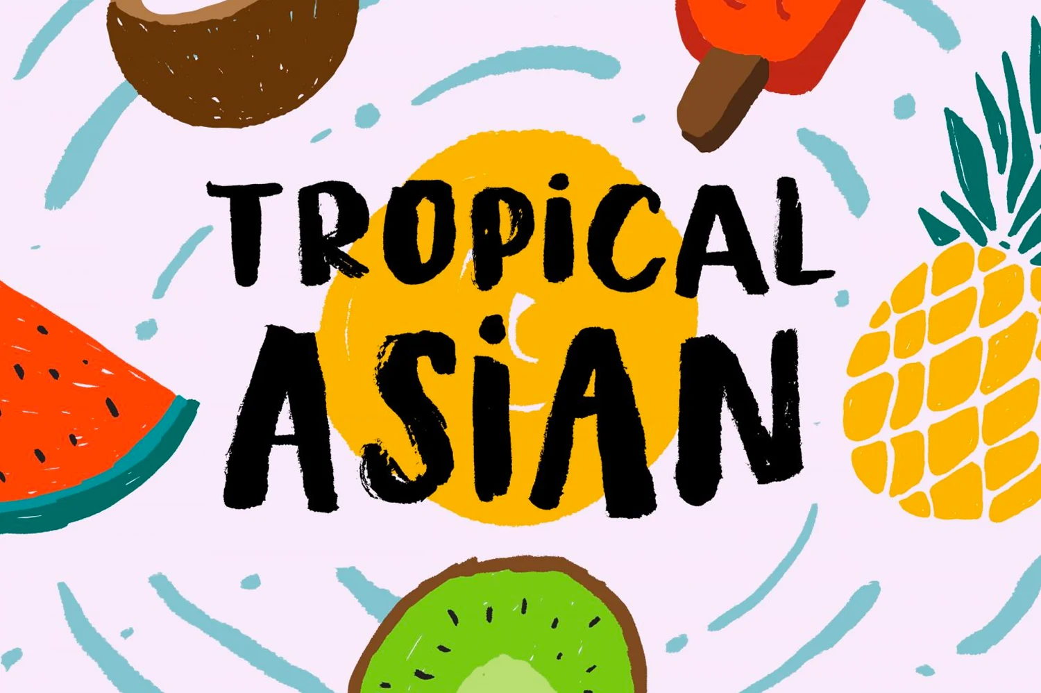 Tropical Asian Font preview with rough black brush lettering, irregular uppercase shapes, and textured edges