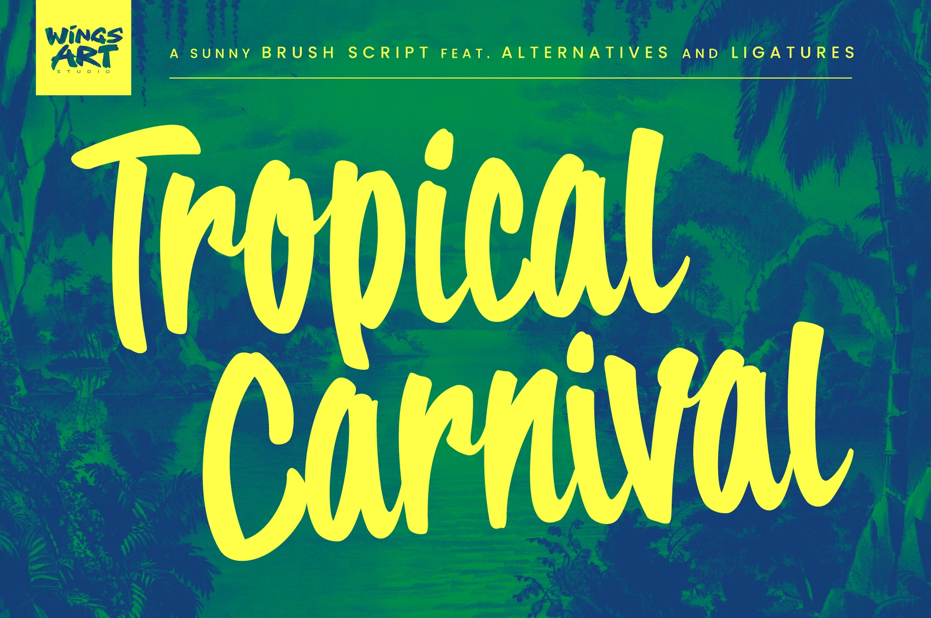 Tropical Carnival Font preview with bright yellow brush script lettering, thick rounded strokes, and flowing connected shapes