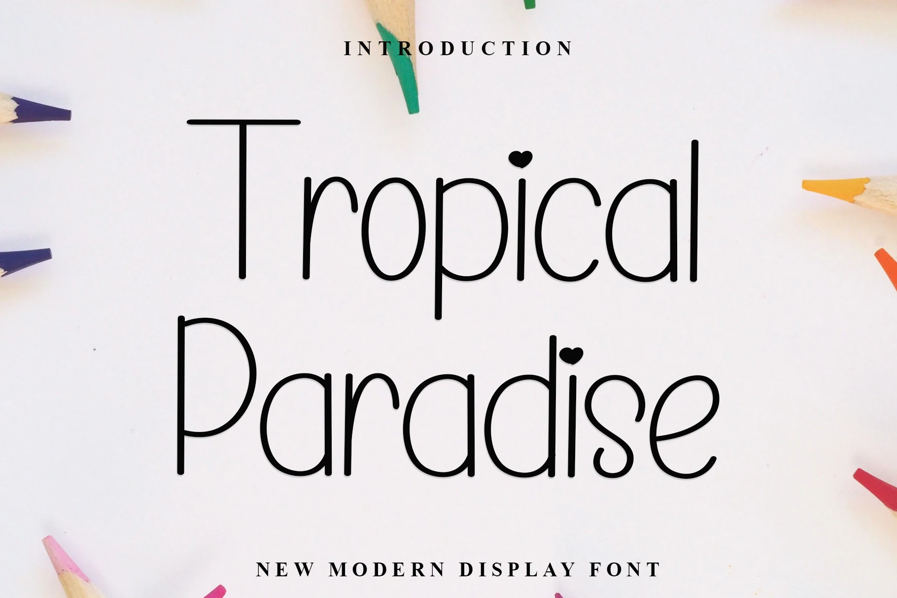 Tropical Paradise Font preview with thin black handwritten lettering, rounded monoline strokes, and small heart details