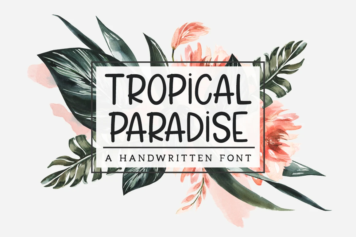Tropical Paradise Font preview with thin black handwritten display lettering and heart accents