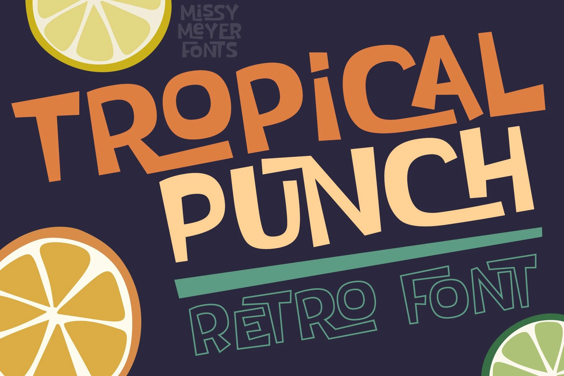 Tropical Punch Font preview with bold retro uppercase lettering in orange and cream on a dark background