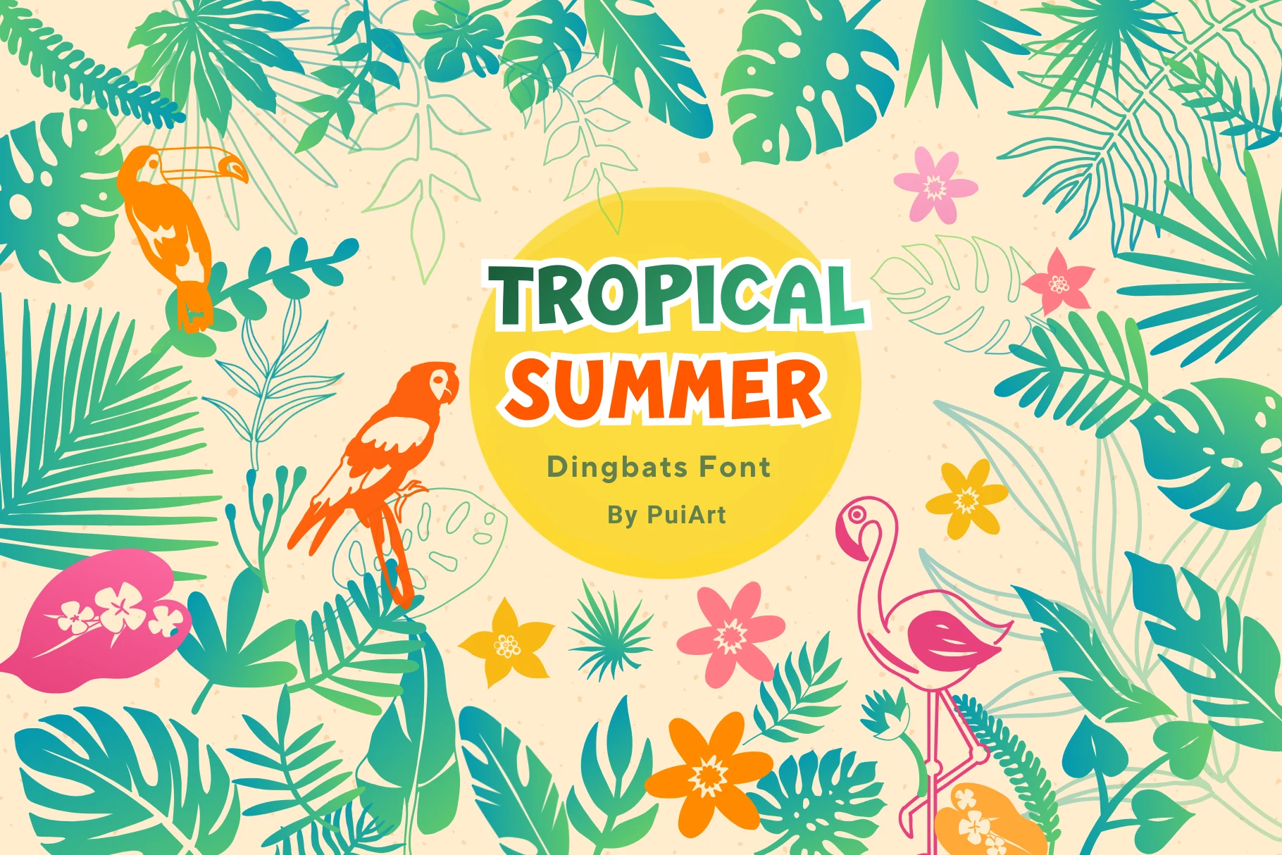 Tropical Summer Doodle Font preview with bold tropical lettering, green leaf doodles, birds, and flowers