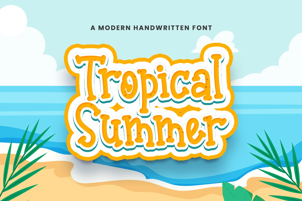 Tropical Summer Font preview with chunky orange handwritten lettering and rounded decorative shapes