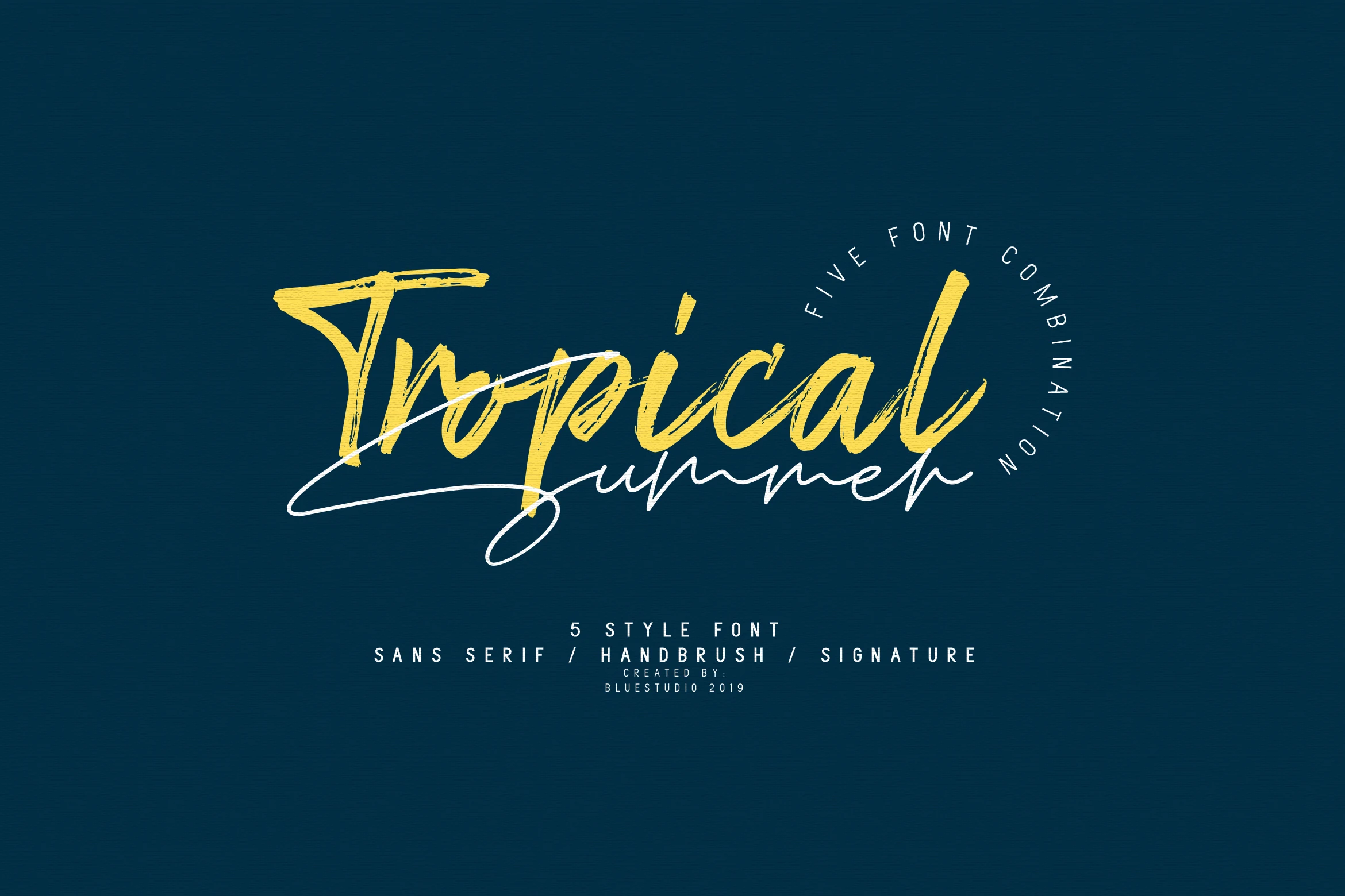 Tropical Summer Font preview with yellow textured brush lettering, white signature script, and narrow sans serif text