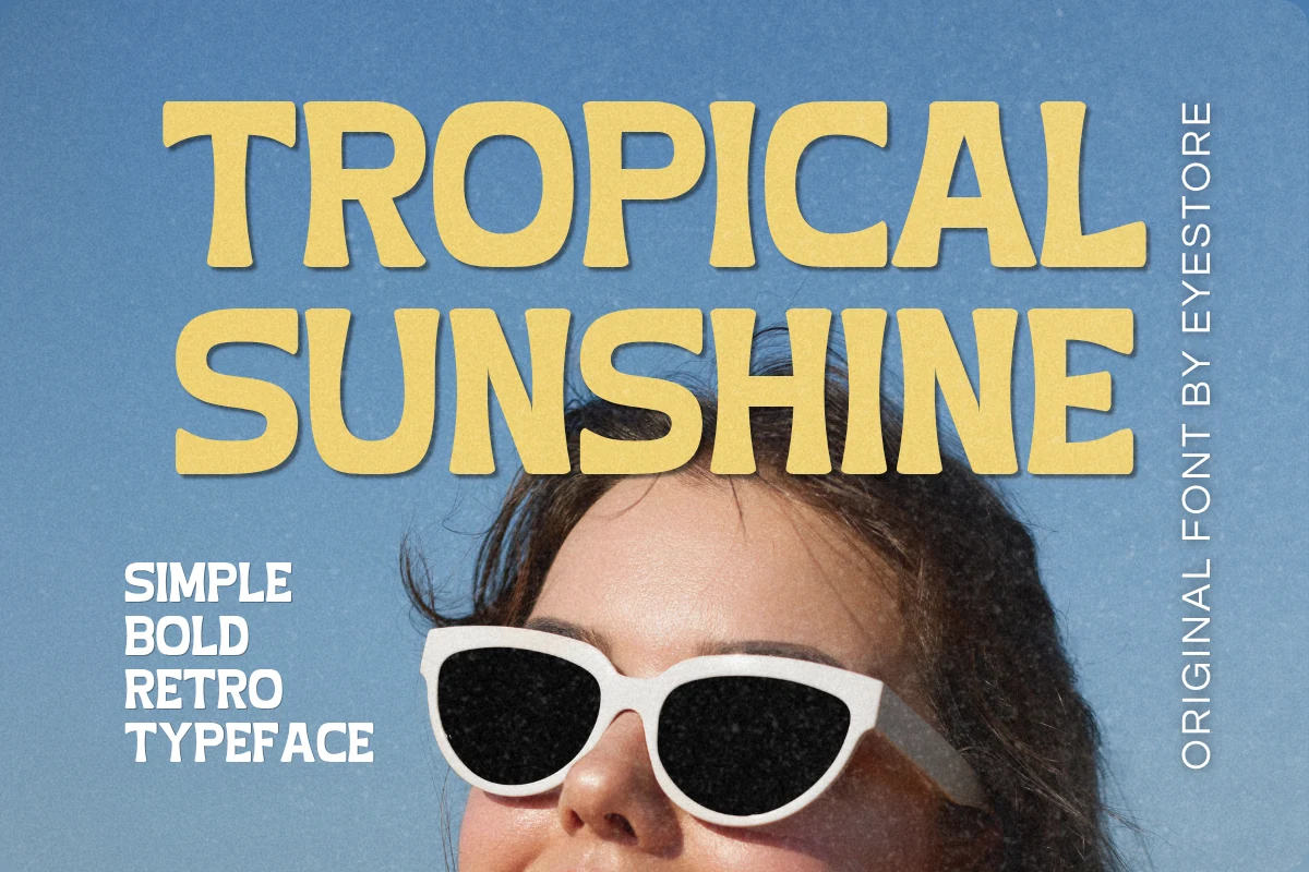 Tropical Sunshine Font preview with bold rounded retro lettering in warm yellow over a blue summer photo