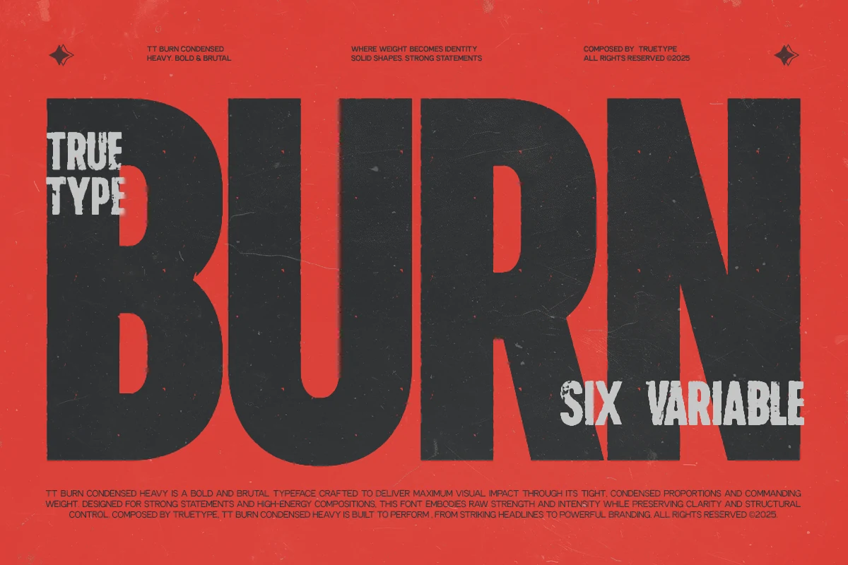 TRT Burn Font preview with condensed sans serif lettering