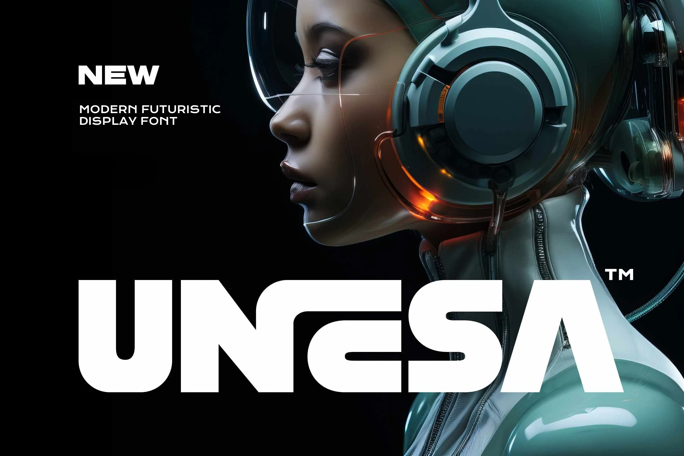 Unesa Font preview with bold futuristic sans serif lettering and geometric white letterforms