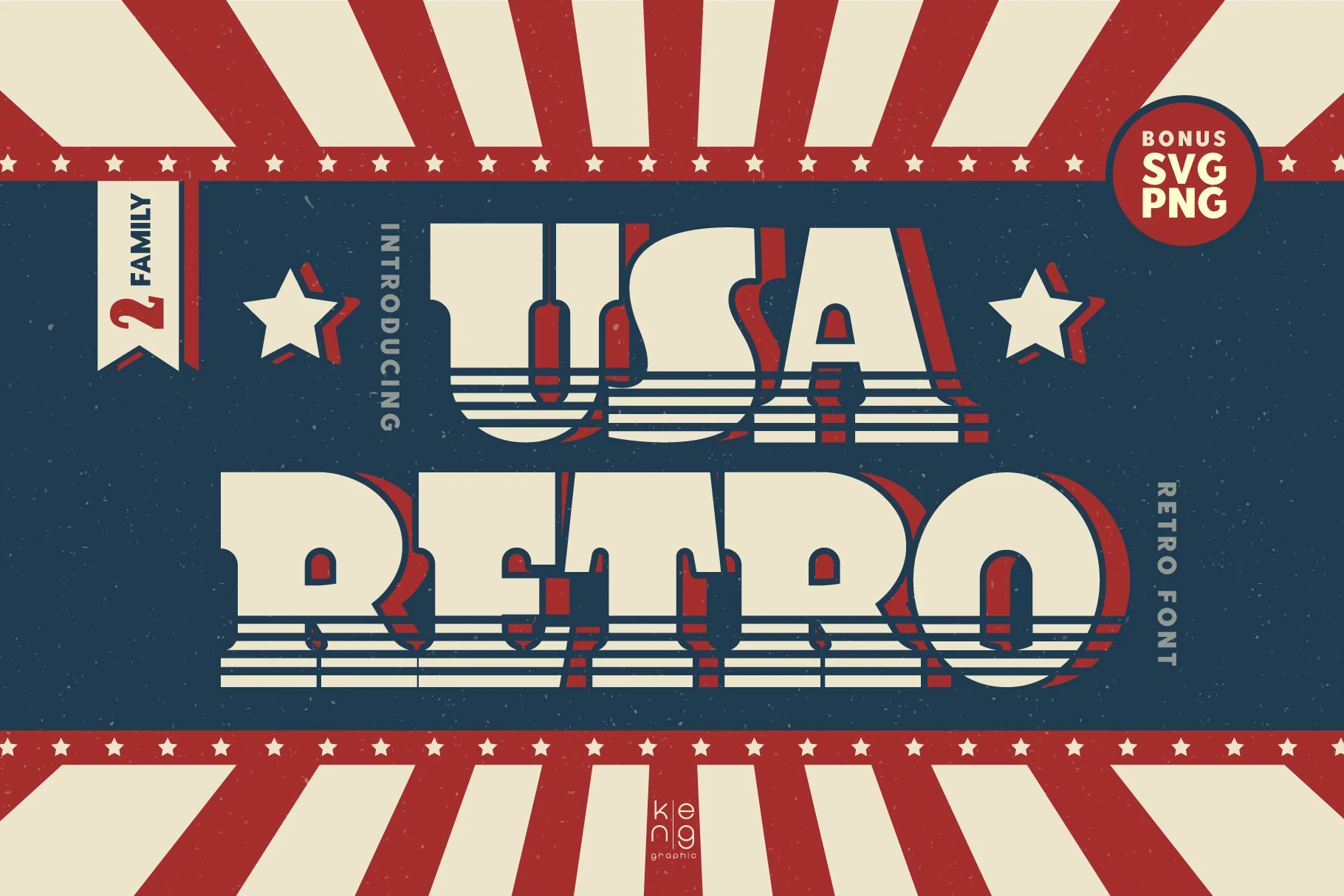 Usa Retro Font preview with bold cream block lettering, red shadow, and striped retro details