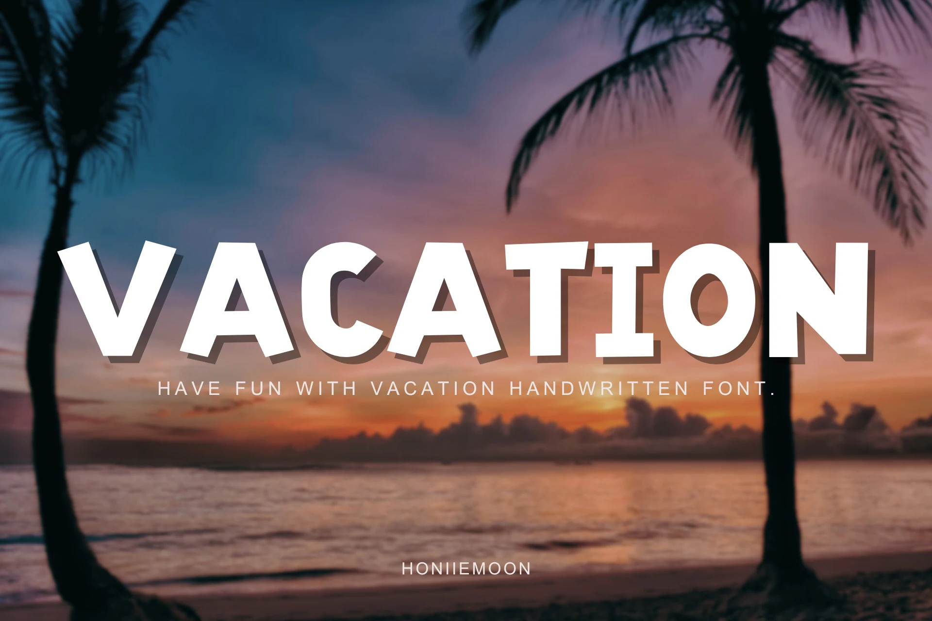 Vacation Font preview with bold white uppercase display letters, angled edges, and drop shadow