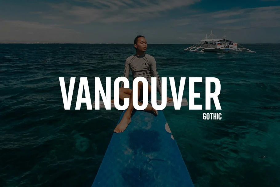 Vancouver Font preview with bold condensed white sans serif lettering